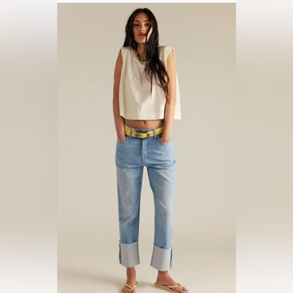 Free People Light Blue Cuffed Jeans with Yellow Belt